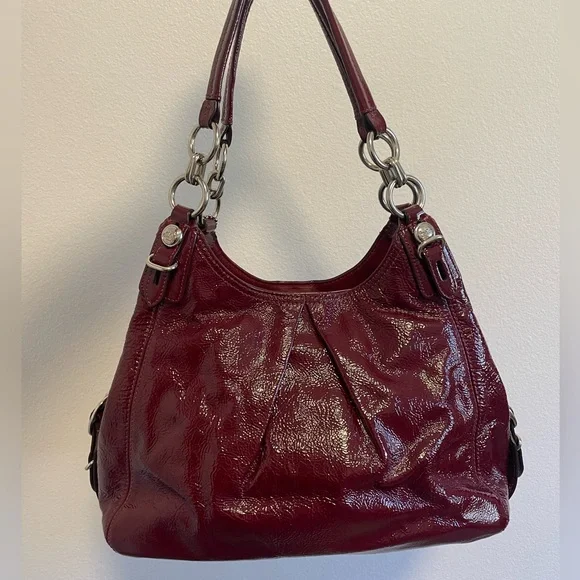 ~RARE Coach Maggie Mia Patent Cranberry Red Leather Handbag Tote Hobo Purse~